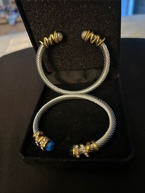 2 elegant Silver-Tone Cable Cuff Bracelets with Blue Stones,Pearls